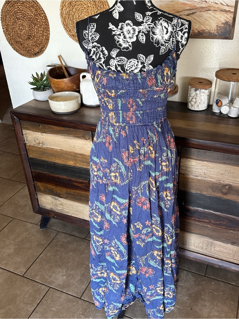 Free People Navy Floral Smocked Maxi Dress